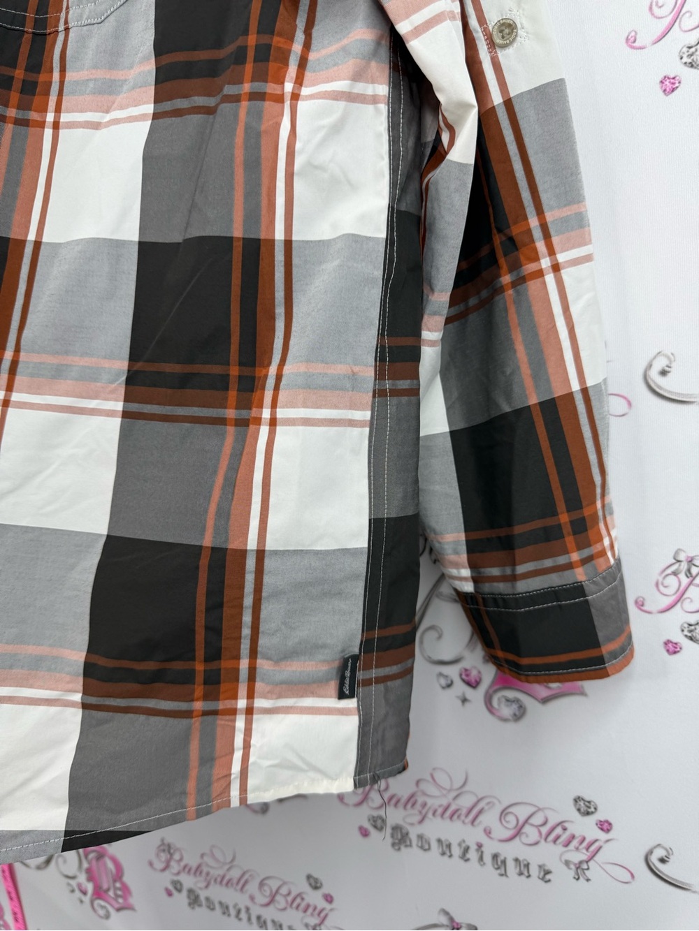 Eddie Bauer classic fit shirt top Plaid Button-Up Shirt in White, Gray & Brown - Picture 5 of 14